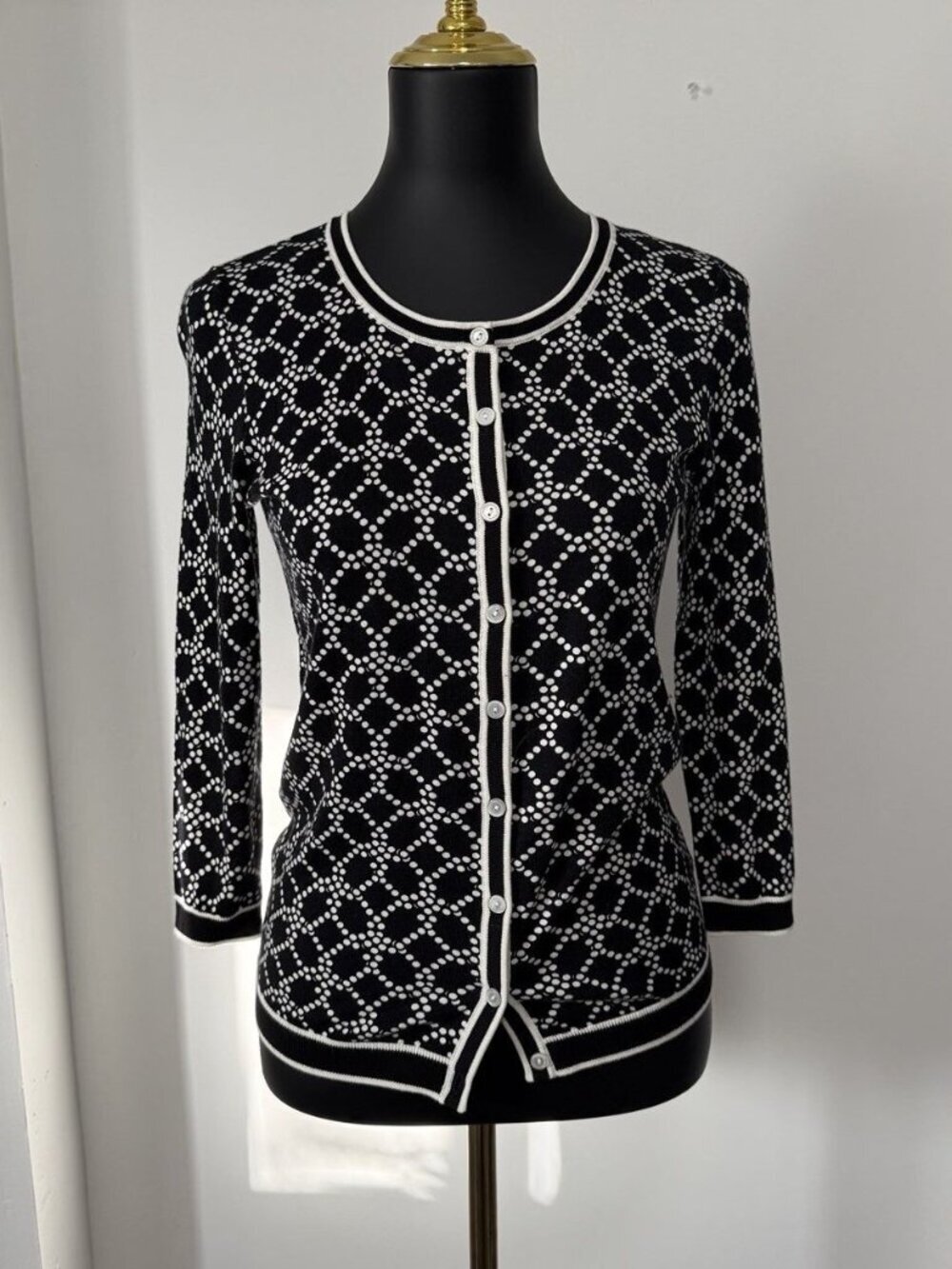 TALBOTS‎ Black & White Dot Chain Link Cardigan Sweater Size XSmall Stretchy